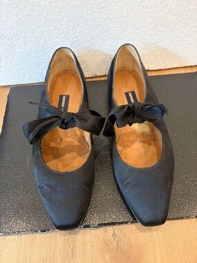 Vintage EMPORIO ARMANI Black Satin Ballerina Tie Flats; 38-1/2